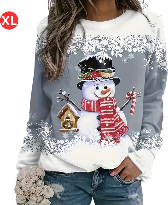 Bovista Kersttrui - Dames - Foute Kersttrui - Christmas Sweater - Kerst Sweater - Christmas Jumper - Pyjama - Pullover - Sneeuwpop - Grijs - Maat XL