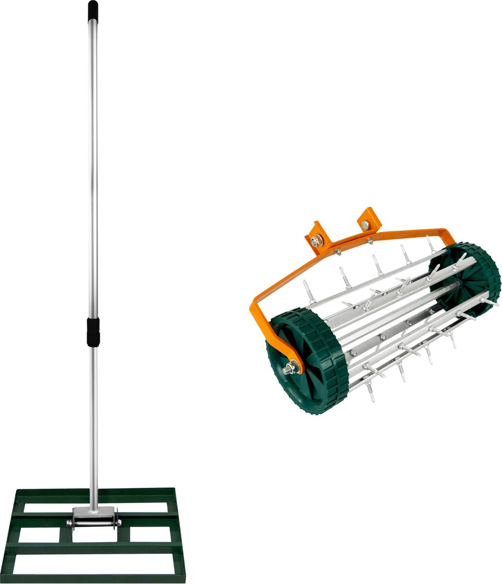 2-in-1 Verticuteer- en Gazonvlakker Set - Groen, Gegalvaniseerd Staal, Handvat van 190 cm