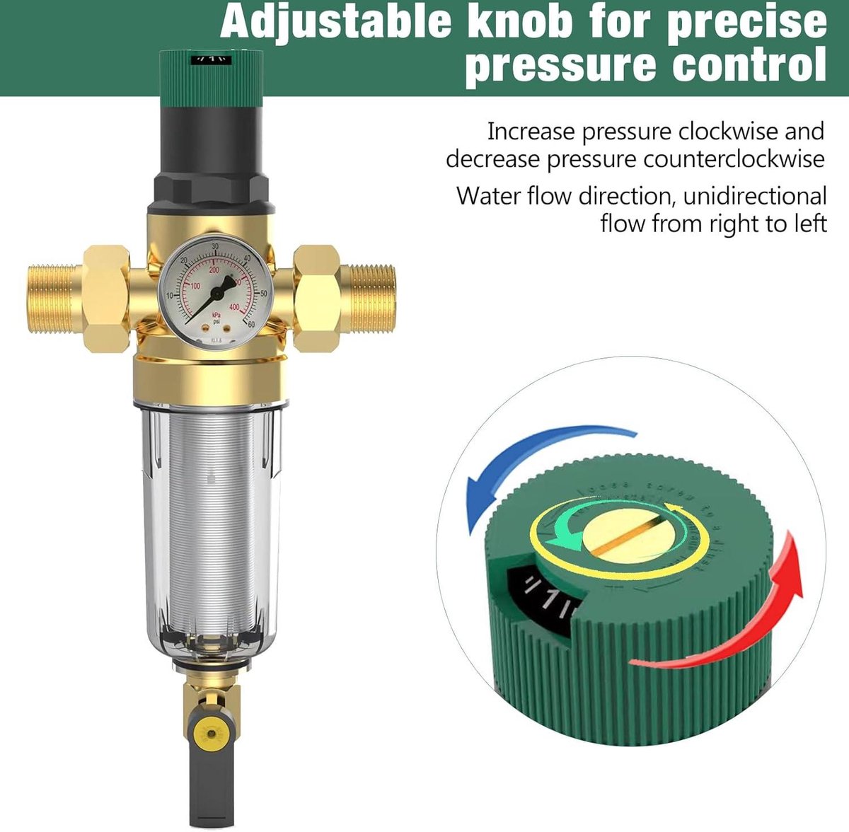 AQUA HEATING Drukregelaar water met manometer en meter, waterdrukregelaar 1 inch waterdrukregelaar met zelfreinigend zeeffilter, drukregelventiel, drukregelaar messing