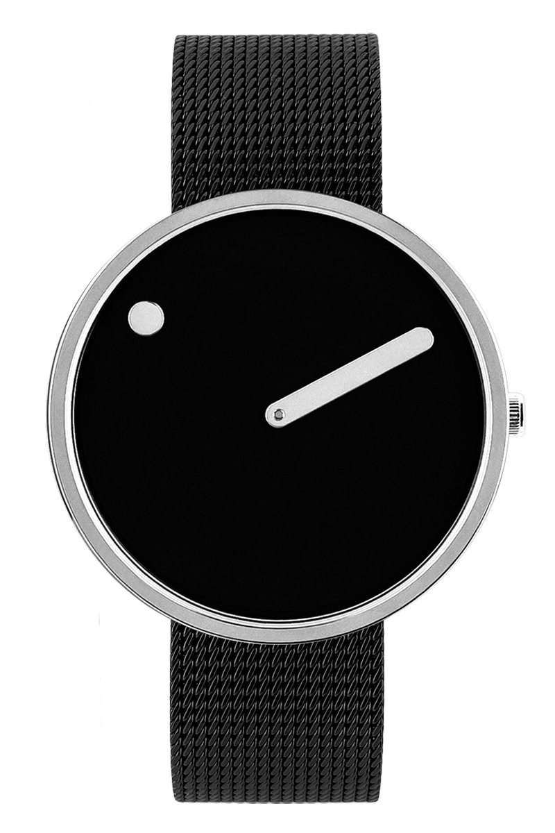 Picto Design Horloge Zwart Wijzerplaat, Zwart Stalen Mesh Horlogeband 43370-1020 - Uniseks - 40mm