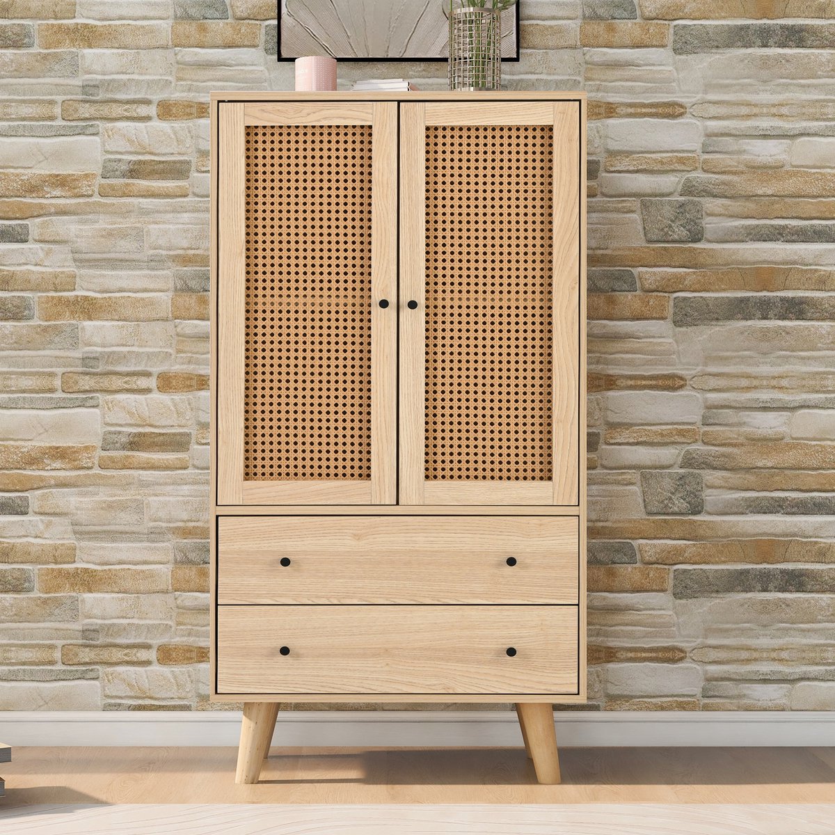 Gutent Opbergkast, Eiken kleur, Rotan stijl, Rustiek klassieke stijl, Dressoir met deuren en laden, dressoir met grote opbergruimte, breedte 60 cm