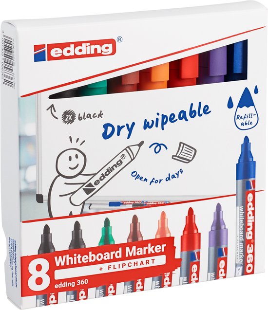 edding 360 whiteboardmarker set - diverse kleuren - 8 whiteboard stiften - ronde punt 1,5 - 3 mm - boardmarker uitwisbaar - voor whiteboard, flipchart, prikbord, memobord - sketchnotes - navulbaar - in kartonnen verpakking