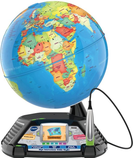 Interactieve wereldbol met pen. De wereldbol is blauw met kleurrijke continenten. Het scherm toont 'Continenten'.