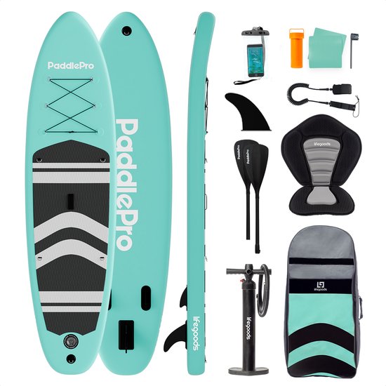 LifeGoods PaddlePro SUP Board - met Zitje - Opblaasbaar Paddle Board - Complete Set - Max. 135KG - 320x81cm - Pastelgroen