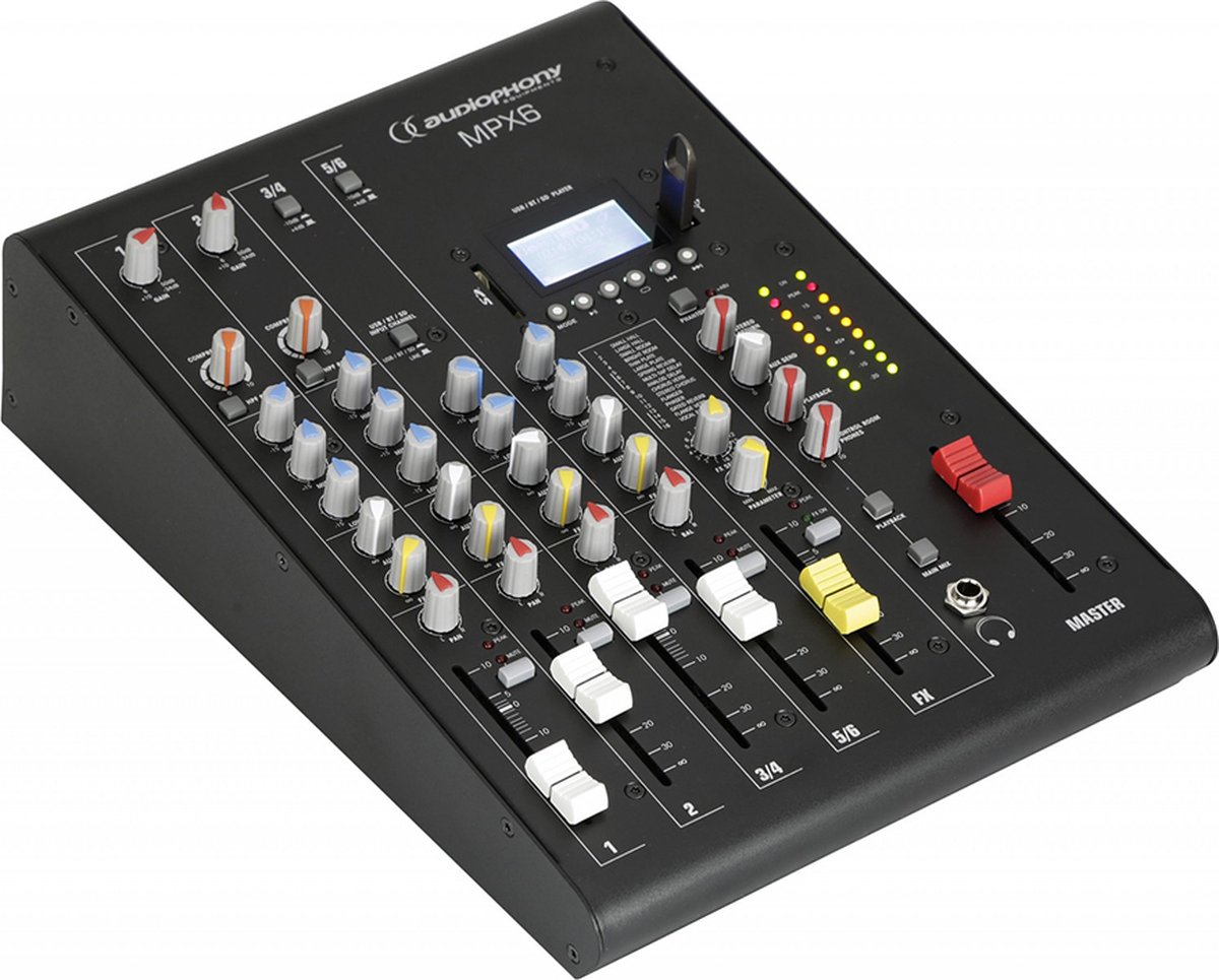 Audiophony MPX6 6-kanaals livemixer met effecten en USB/SD/BT speler