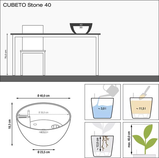 LECHUZA CUBETO Stone 40 - Plantenbak - met uitneembare binnenbak - met bewateringssysteem - ALL-IN-ONE set met LECHUZA-PON - steengrijs