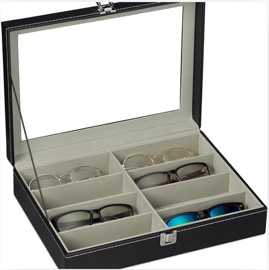 Tebery Brillenbox für 8 Brillen, mit Schaufenster aus Glas, Kunstleder