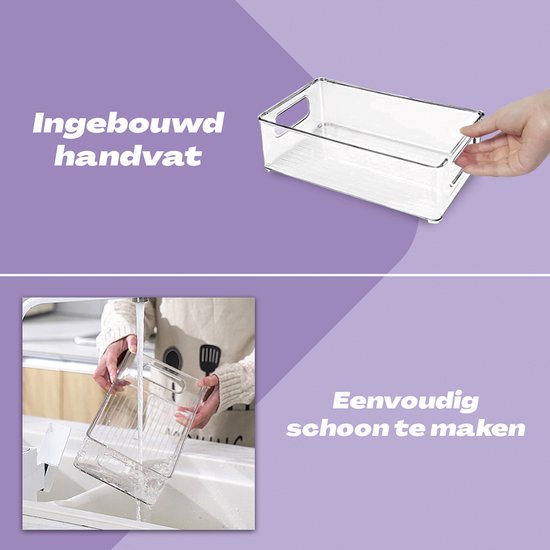 Een hand wordt gebruikt om een transparante opbergbak met ingebouwde handgrepen te verplaatsen.