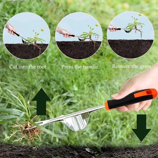 Stainless Steel Weed Cutter - 2 Pieces Carrot Weeding Hand Tool with Handle - Garden Hunter Manual Weeder for Digging Transplanting Uprooting - Gift for Gardeners — afbeelding 2