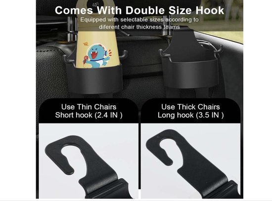 Kit 2 Crochets Voiture + 2 Porte-gobelets – Crochet Pivotant 360°, Fixation Sur Appui-tête – Pour Sacs, Parapluies, Bouteilles