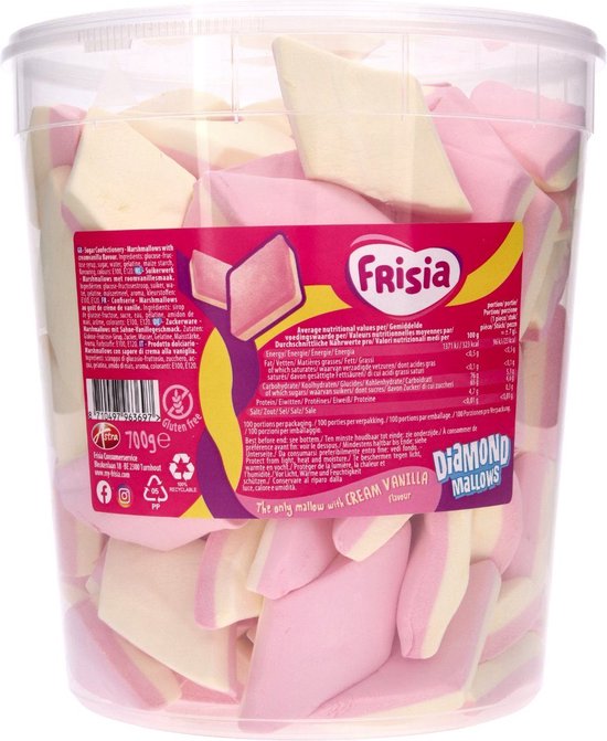 Een grote doorzichtige bak gevuld met roze en witte, ruitvormige marshmallows.
