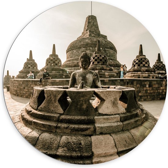 Dibond Muurcirkel - Beelden bij Borobudur Tempel in IndonesiË - 100x100 cm Foto op Aluminium Muurcirkel (met ophangsysteem)