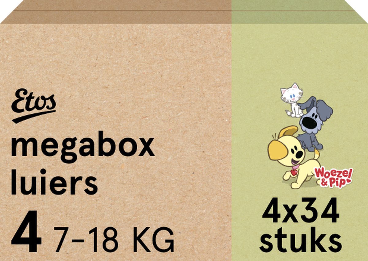 Goedkoopste Etos Luiers - Woezel & Pip - Maat 4 - 7 tot 18kg - Megabox - 136 stuks