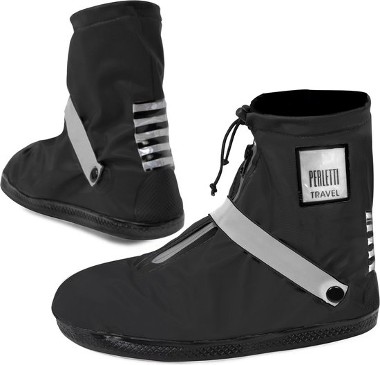Zwarte lage Perletti Travel overschoenen met reflecterende band, ritssluiting en trekkoord.