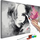 Doe-het-zelf op canvas schilderen - Zwart-Wit Portret met Roze Bloem 60x40 ,  Europese kwaliteit, cadeau idee