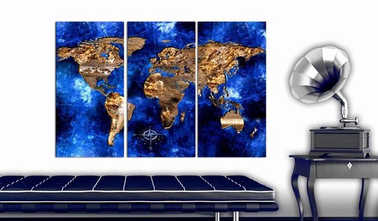 Image sur liège - Golden Continents, Wereldkaart, Blauw/ Goud, 3 panneaux