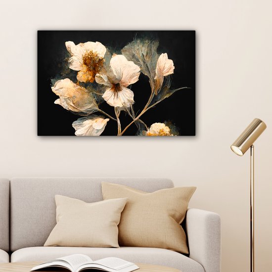 Toile Peinture Fleurs - Zwart - Plantes - Vintage - 60x40 cm - Décoration murale