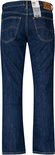 Donkerblauwe jeans met rechte pijpen, zichtbaar van achteren. Met labels aan de tailleband.