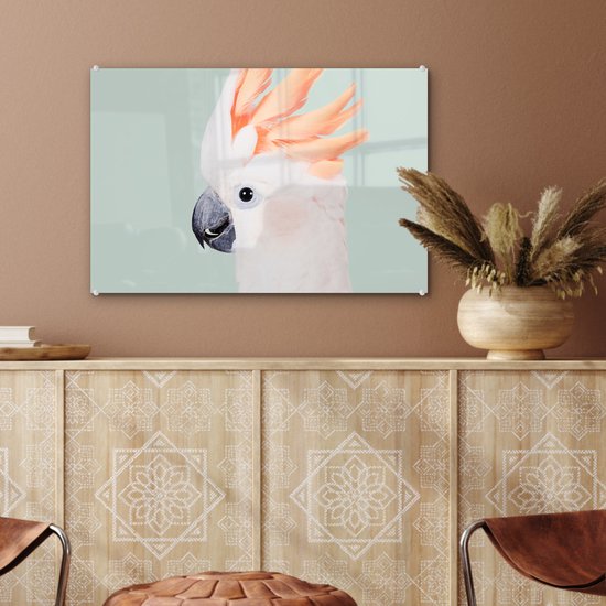 MuchoWow® Glasschilderij 60x40 cm - Schilderij acrylglas - Kaketoe - Dieren - Natuur - Wit - Foto op glas - Schilderijen