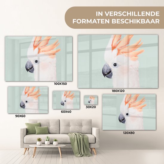 MuchoWow® Glasschilderij 60x40 cm - Schilderij acrylglas - Kaketoe - Dieren - Natuur - Wit - Foto op glas - Schilderijen