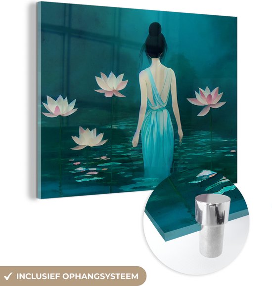 MuchoWow® Glasschilderij 80x60 cm - Schilderij acrylglas - Vrouw - Portret - Water - Bloemen - Lelie - Foto op glas - Schilderijen