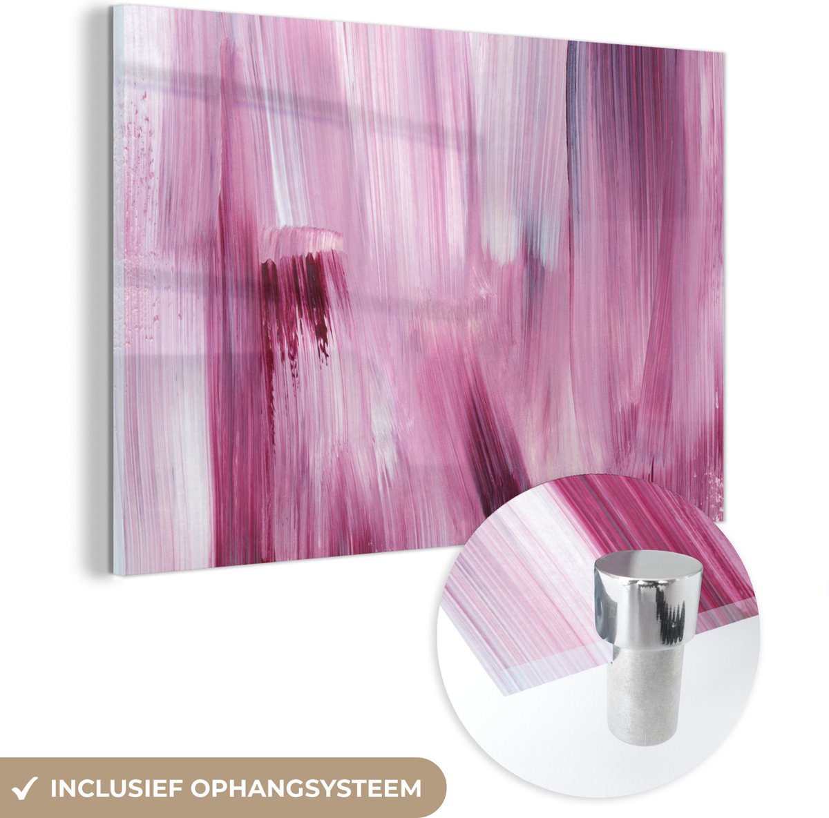 MuchoWow® Glasschilderij 180x120 cm - Schilderij acrylglas - Kleuren - Verf - Schilderij - Roze - Foto op glas - Schilderijen