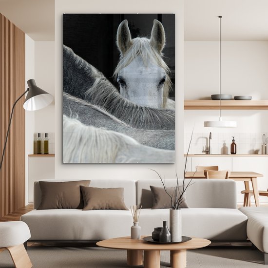MuchoWow® Peinture sur verre 120x160 cm - Peinture sur verre acrylique - Paarden - Animaux - Zwart - Wit - Photo sur verre - Peintures