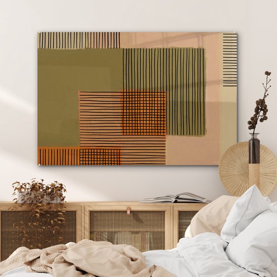 MuchoWow® Peinture sur verre 90x60 cm - Peinture sur verre - Abstrait - Lignes - Cube - Patchwork - Photo sur verre acrylique - Peintures