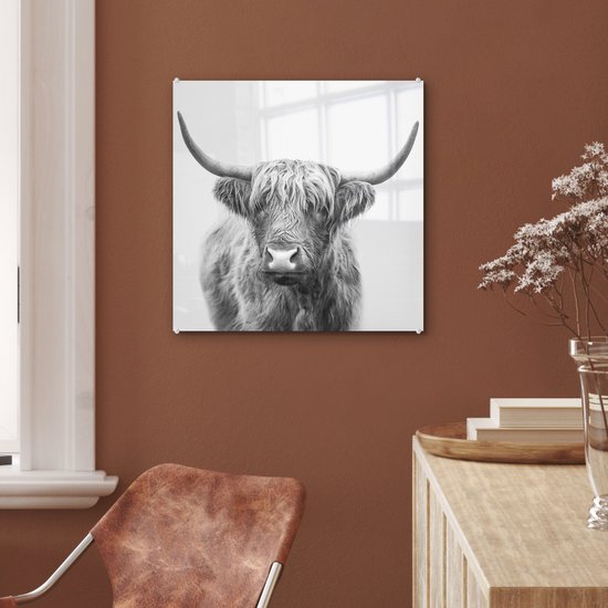 MuchoWow® Peinture sur verre 50x50 cm - Peinture sur verre - Highlander écossais - Animaux - Cornes - Zwart et blanc - Photo sur verre acrylique - Peintures