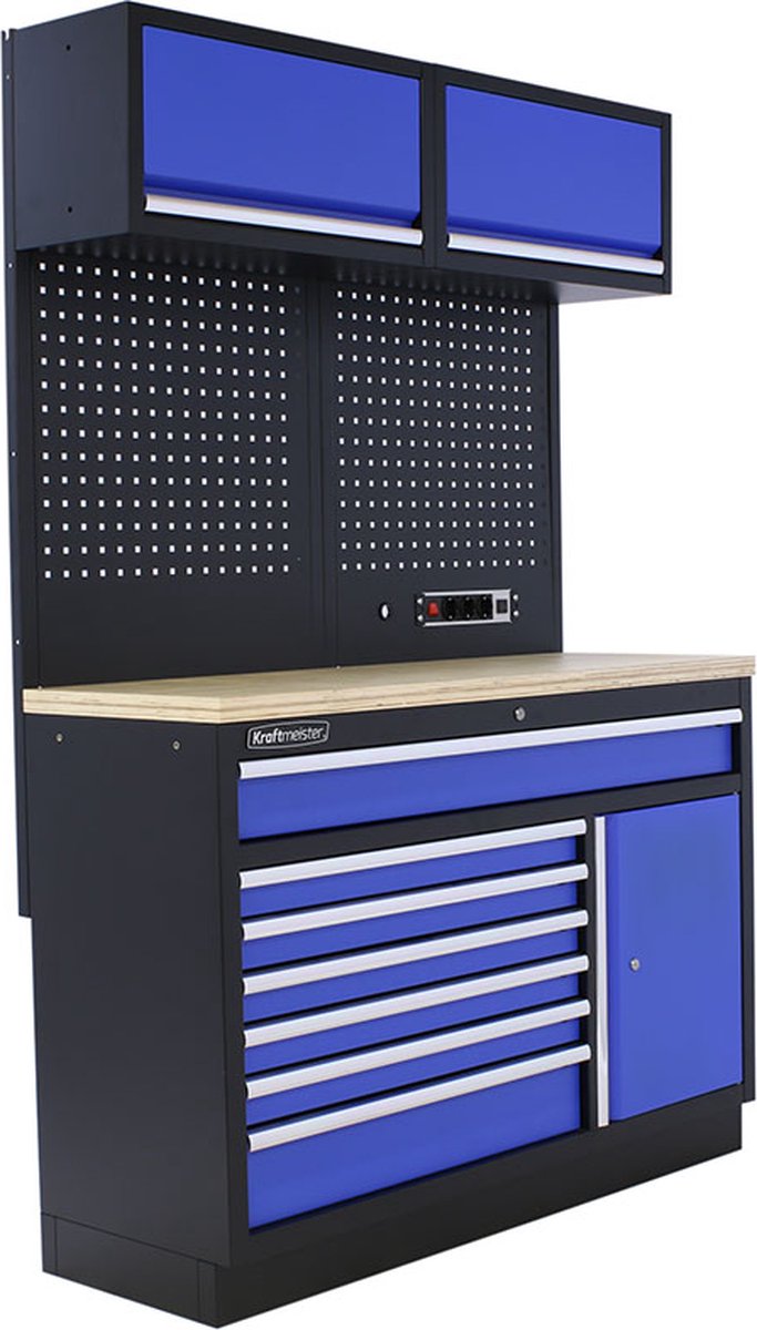 Kraftmeister werkplaatsinrichting - Werkbank met 2 wandkasten en multiplex werkblad - Werktafel met 7 laden, 1 opbergkast en gereedschapswand - Complete set voor werkplaats of garage - Blauw