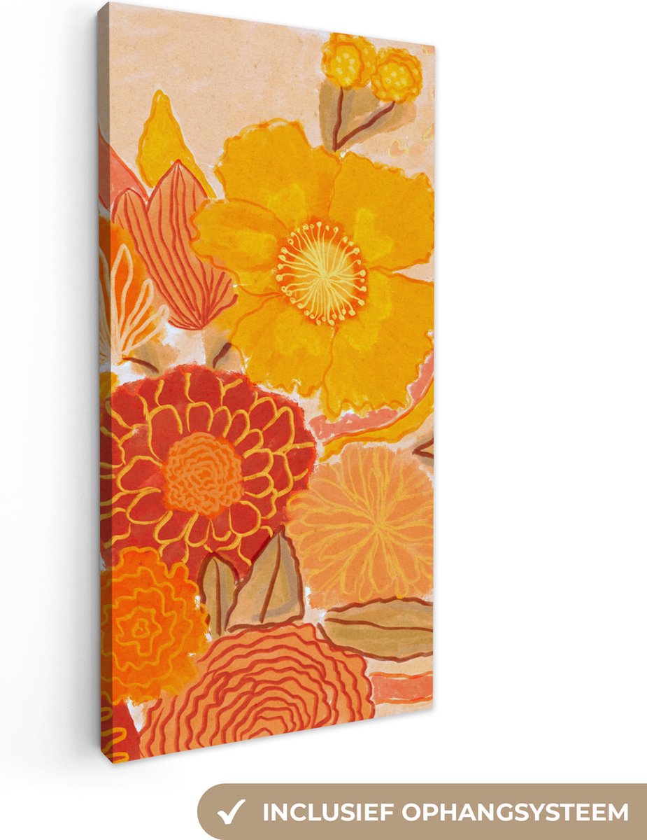 Canvas Schilderij Vintage - Boeket - Bloemen - Geel - Kleuren - 20x40 cm - Wanddecoratie