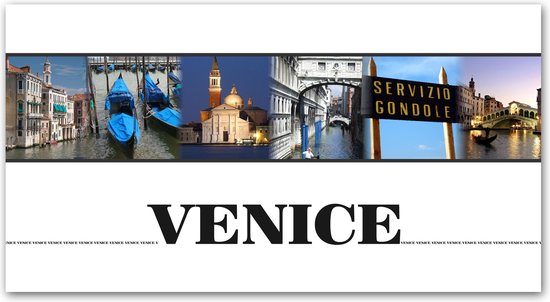 Poster / Papier - Stad / Venetië / Venice / Collage in wit / zwart / rood / geel / blauw - 40 x 80 cm