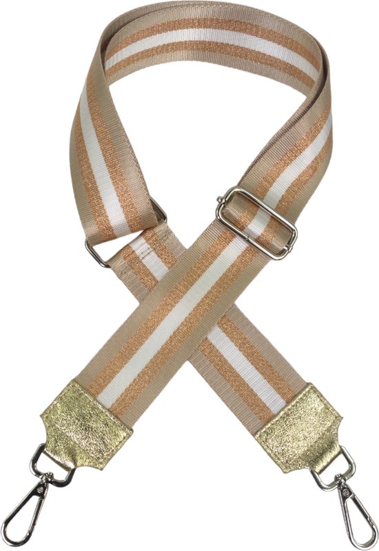 Qischa® Bag strap - Tassenriem - Schouderband - Schouderriem - Tassen Riem - Tas Hengsel - Verstelbare Riem - taupe, brons, wit - zilveren hardware