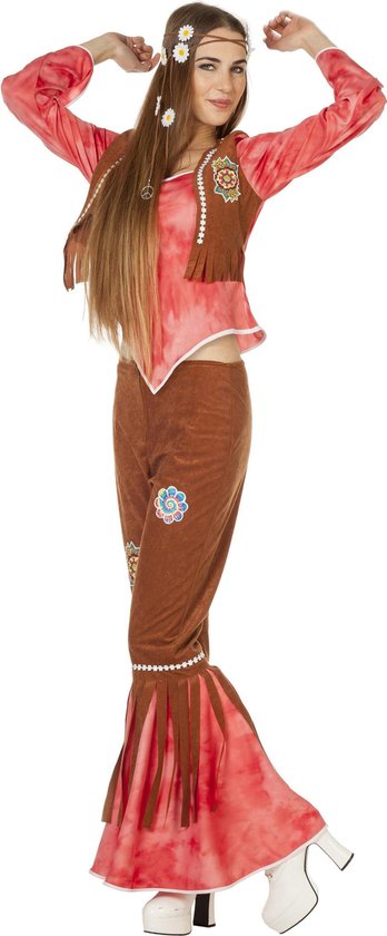 Wilbers - Hippie Kostuum - Rode Hippy Flower Power Ms Brown - Vrouw - rood,bruin - Maat 34 - Carnavalskleding - Verkleedkleding
