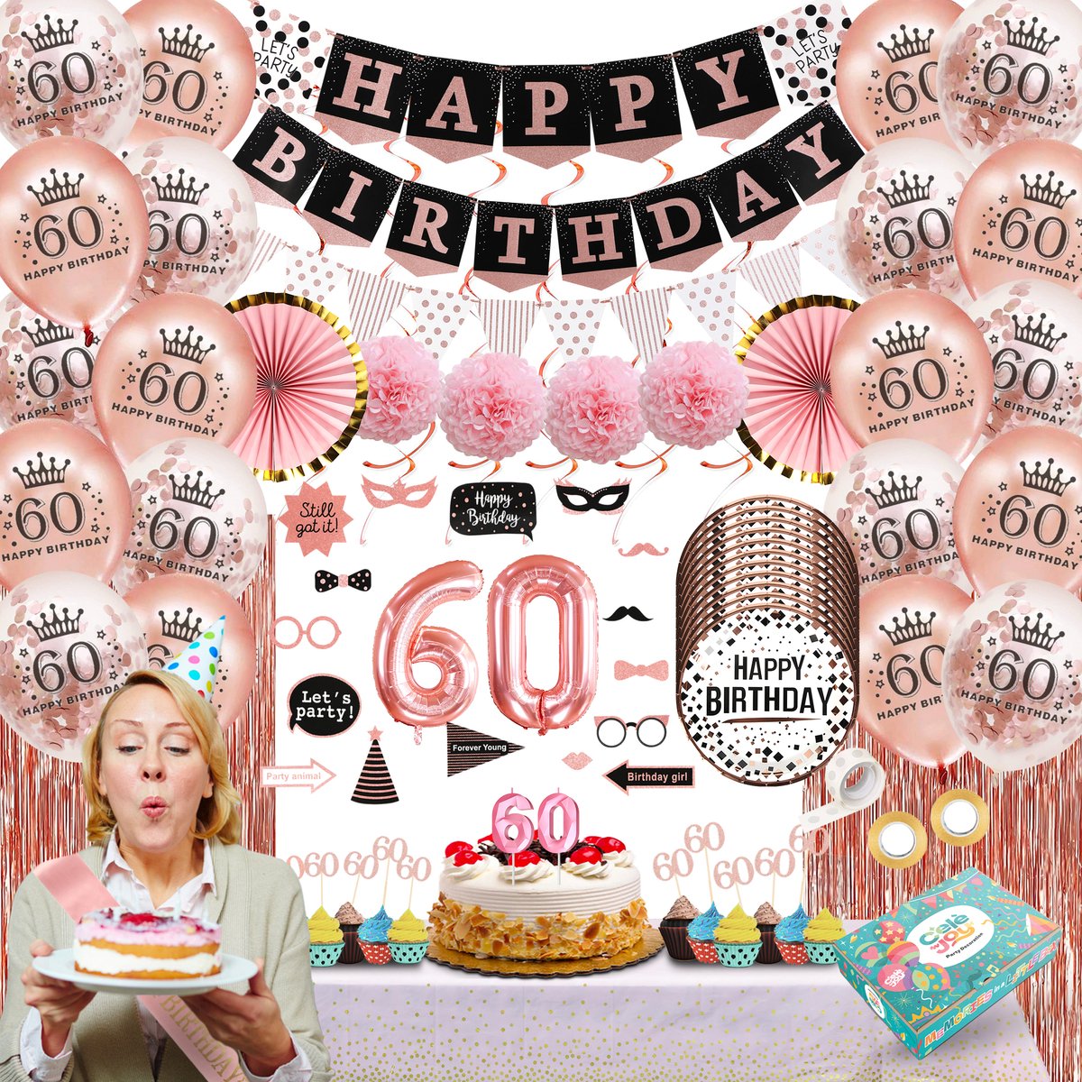 60 Jaar Verjaardag Versiering Rose Goud - 92-Delig Feestpakket Vrouw - Ballonnen Slingers Cijferballon Slinger Gordijn - Verjaardag Decoratie Set - Celejoy