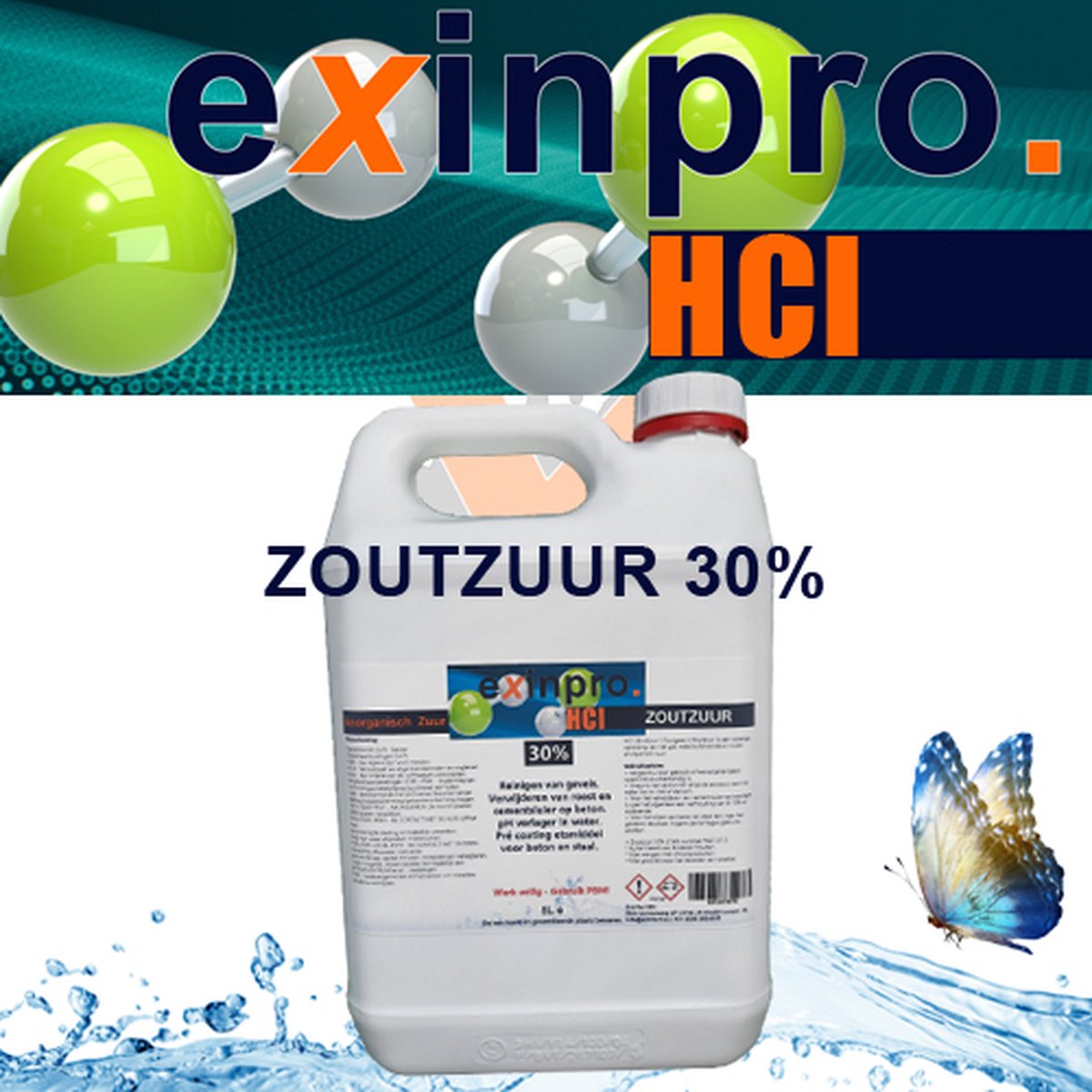 exinpro Zoutzuur 30% | 5L | HCl | Voor het verwijderen van cementsluier en opfrissen van gevels | Etsen van beton en staal - exinpro Zoutzuur