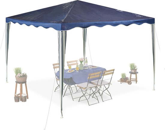 Relaxdays partytent 3x3 m - feesttent met golfjes - zonder zijwanden - PE en staal - blauw