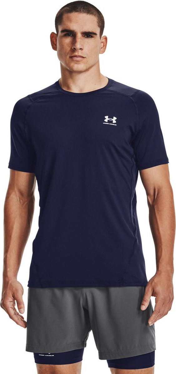 Under Armour UA HG Armour Fitted SS-BLU Heren Sportshirt - Midnight Navy - Wit