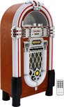 Jukebox in retrostijl met houten kast, witte en rode biezen. Inclusief afstandsbediening.
