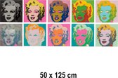 Allernieuwste.nl® Canvas Schilderij Andy Warhol 10x Marilyn Monroe - Kunst aan je Muur - Grafitti - Kleur - 50 x 125 cm