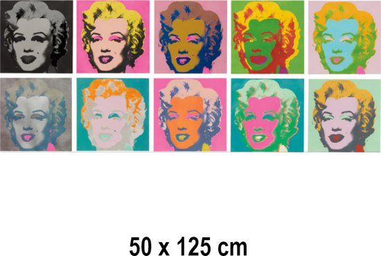 Allernieuwste.nl® Canvas Schilderij Andy Warhol 10x Marilyn Monroe - Kunst aan je Muur - Grafitti - Kleur - 50 x 125 cm