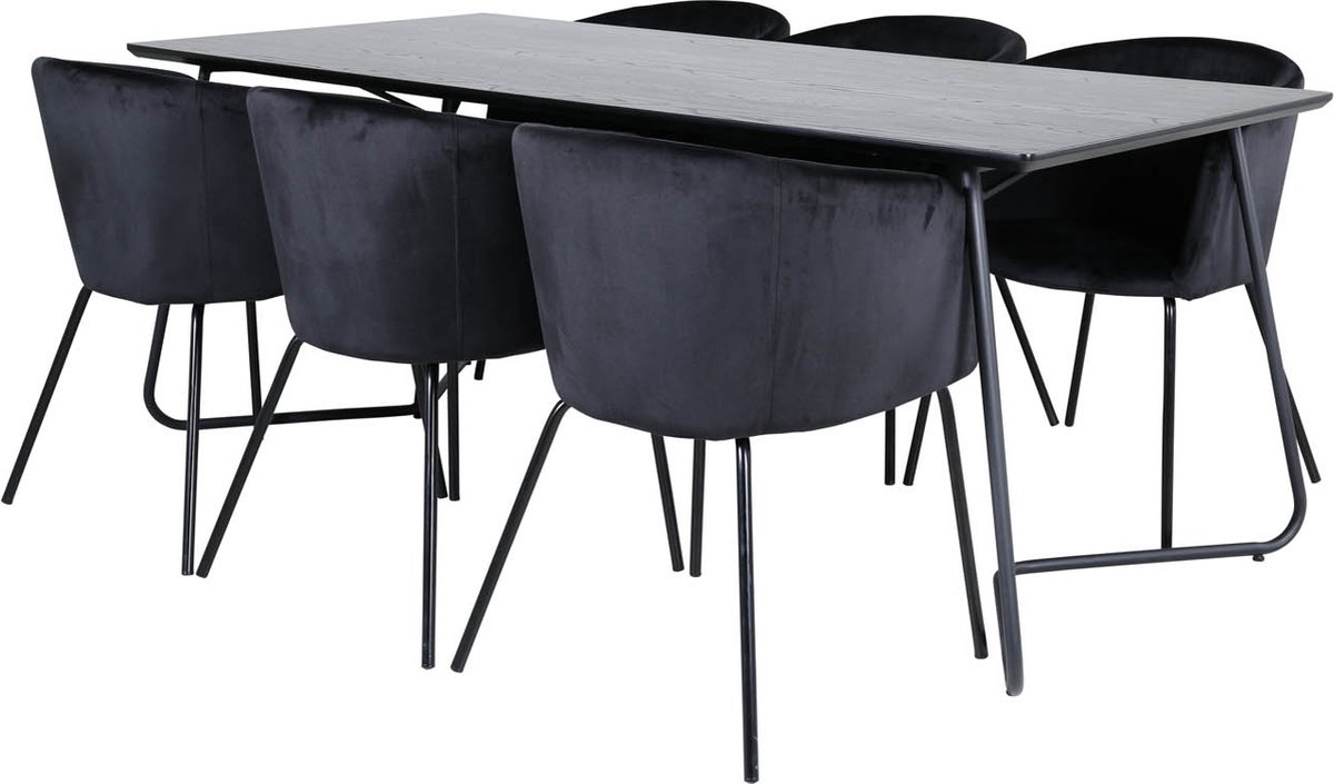 PippiBL eethoek eetkamertafel zwart en 6 Berit eetkamerstal velours zwart.