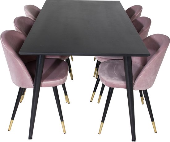 Dipp180x90BLBL eethoek eetkamertafel zwart en 6 Velvet eetkamerstal velours roze, zwart, messing decor.
