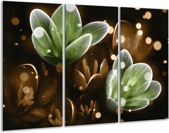 GroepArt - Schilderij -  Bloem - Groen, Bruin - 120x80cm 3Luik - 6000+ Schilderijen 0p Canvas Art Collectie