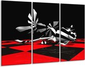 GroepArt - Schilderij -  Abstract - Zwart, Rood, Wit - 120x80cm 3Luik - 6000+ Schilderijen 0p Canvas Art Collectie