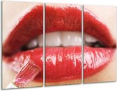 GroepArt - Schilderij -  Vrouw, Lippen - Rood, Crème - 120x80cm 3Luik - 6000+ Schilderijen 0p Canvas Art Collectie