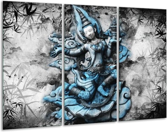 Glasschilderij Boeddha, Beeld - Blauw, Grijs, Zwart - 120x80cm 3Luik - Foto Op Glas - Geen Acrylglas Schilderij - GroepArt 6000+ Glas Art Collectie - Maatwerk Mogelijk