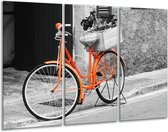 Glasschilderij Fiets - Grijs, Oranje, Zwart - 120x80cm 3Luik - Foto Op Glas - Geen Acrylglas Schilderij - GroepArt 6000+ Glas Art Collectie - Maatwerk Mogelijk