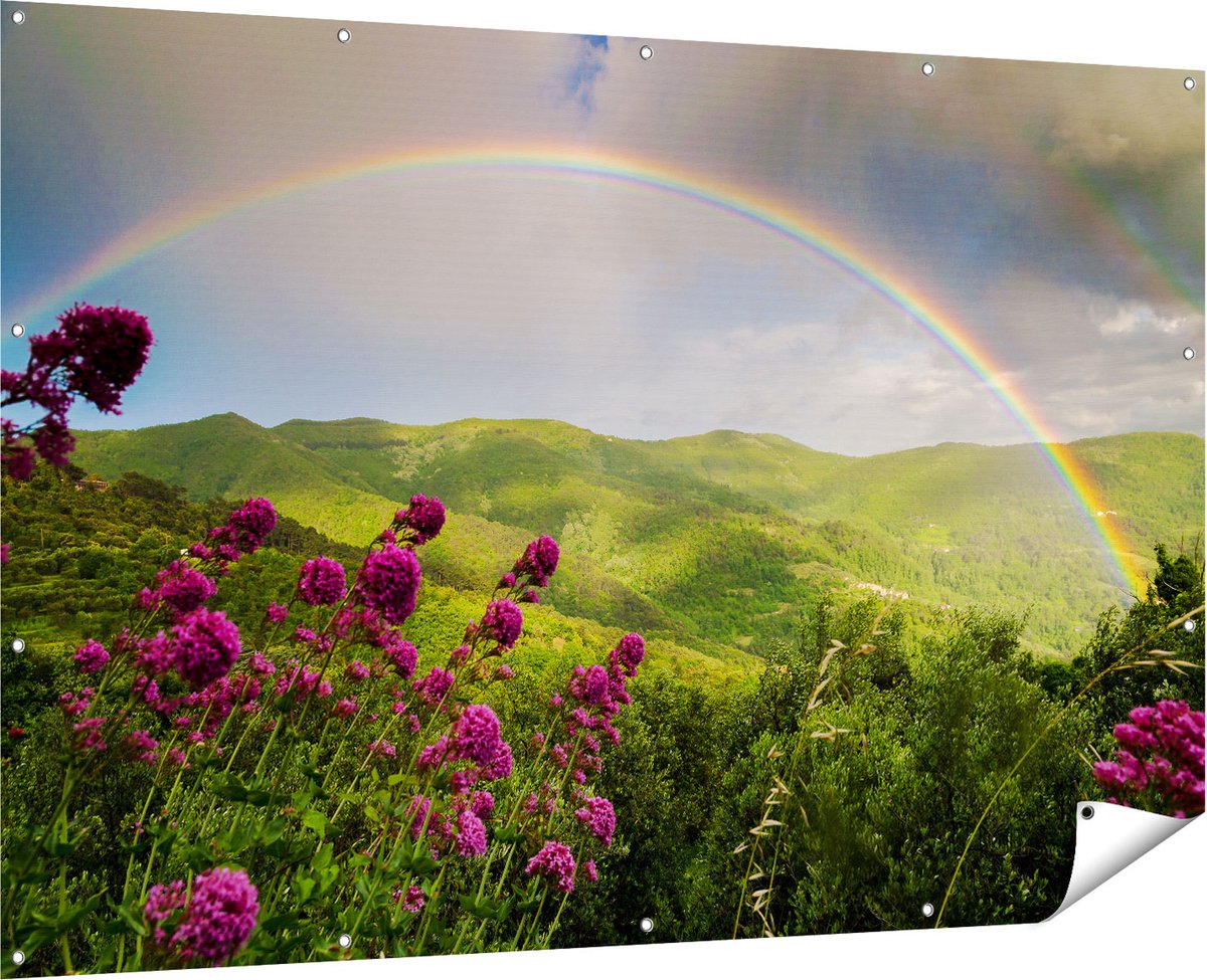 Gards Tuinposter Regenboog in de Heuvel Bossen - 180x120 cm - Tuindoek - Tuindecoratie - Wanddecoratie buiten - Tuinschilderij Multikleur