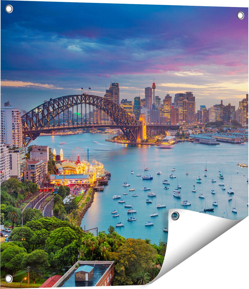 Gards Tuinposter Sydney Harbour Bridge in de Avond - 60x60 cm - Tuindoek - Tuindecoratie - Wanddecoratie buiten - Tuinschilderij Multikleur
